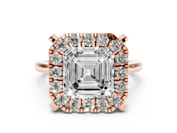 Asscher Cut Diamond Cluster Halo Solitaire with Four-Prong Setting Rose gold