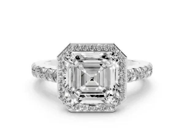 Asscher Cut Cut Halo Diamond Engagement Ring with Pave Band and Four-Prong Setting White gold