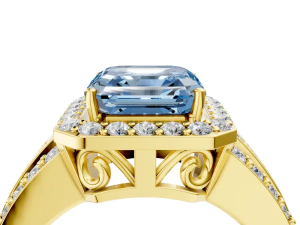 Fancy Blue Asscher Cut Halo Diamond Ring with Round Split Shank and Prong Setting Yellow gold