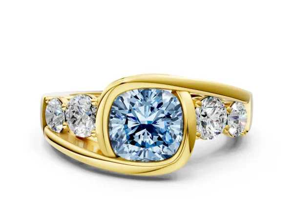 Fancy Blue Bezel Set Cushion Cut Diamond Bypass Ring with Round Accents Yellow gold