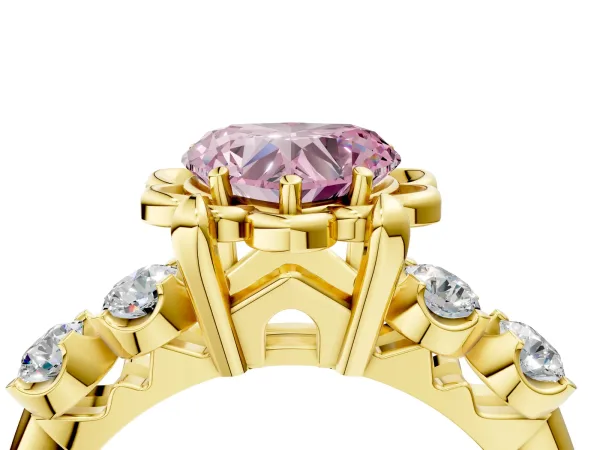 Fancy Pink Heart Cut Cut Diamond Floral Halo Engagement Ring with Shared Prong Setting Yellow gold