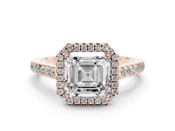 Asscher Cut Halo Pave Diamond Engagement Ring with Four-Prong Setting Rose gold
