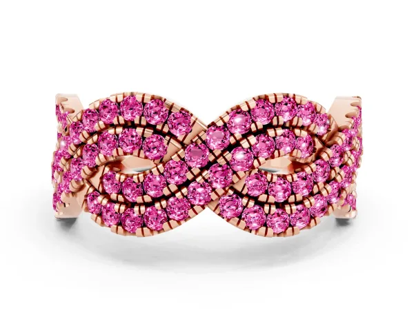 Pavé Round Pink Sapphire Infinity Twist Band with Shared Prong Setting Rose gold