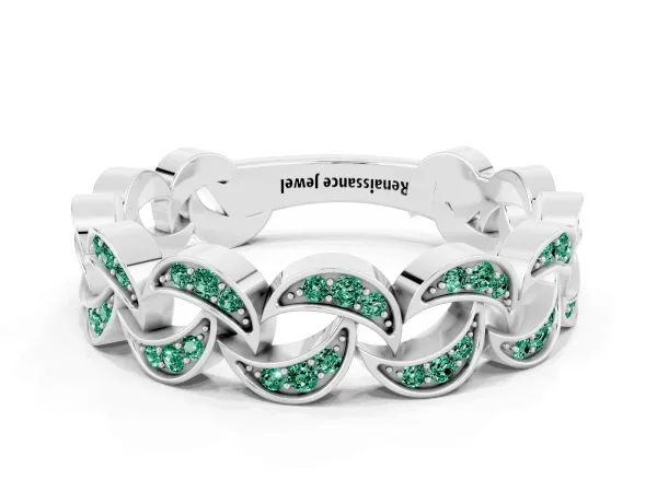 Pavé Round Green Sapphire Interlocking Eternity Band with Bezel Prong Setting Platinum
