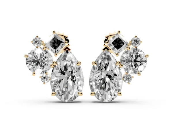 Multi-Shape Diamond Mosaic Five Stone Stud Earrings Yellow gold