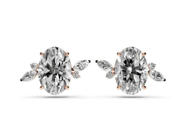 Oval Cut Diamond Nature-Inspired Stud Earrings with Marquise and Round Accents Rose gold