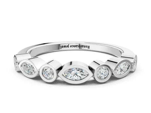 Bezel Set Marquise and Round Diamond Stackable Band Platinum