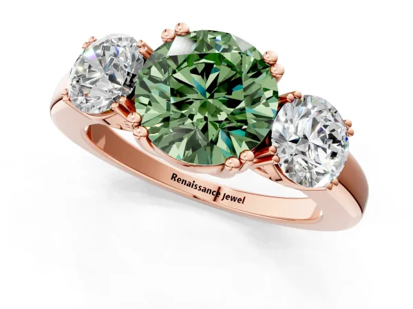 Fancy Green Three-Stone Round Cut Cut Diamond Ring with Channel Set Band and Four-Prong Setting Rose gold