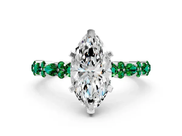 Marquise Cut Diamond Side Stone Solitaire Ring with Round Emerald and Four-Prong Setting White gold