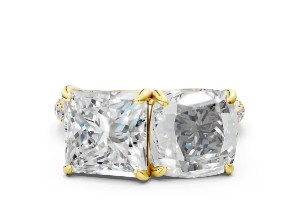 Cushion and Princess Toi Moi Ring with Prong Setting and Pave Band Yellow gold