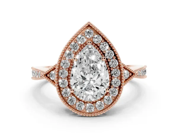 Pear Cut Halo Round Diamond Milgrain Pave Engagement Ring Rose gold