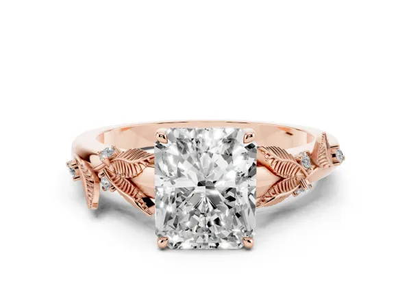 Radiant Cut Diamond Solitaire Ring with Leaf Motif Band and Four-Prong Setting Rose gold