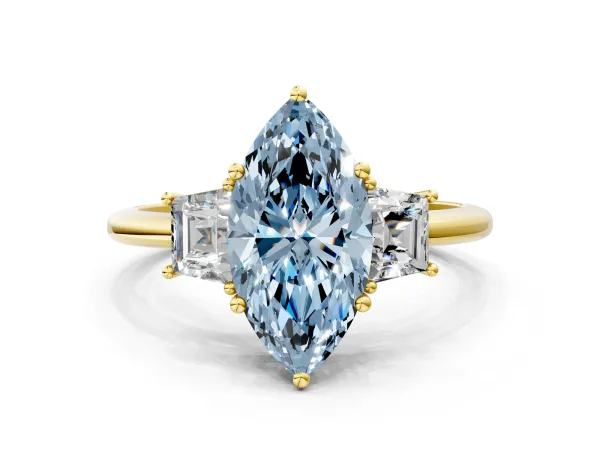Fancy Blue Marquise Cut Diamond Three-Stone Ring with Trapezoid Side Stones and Prong Setting Yellow gold