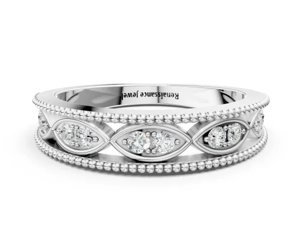 Round Diamond Marquise Milgrain Two-Tone Prong Set Band Platinum