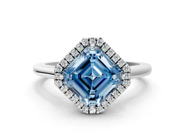 Fancy Blue Asscher Cut Halo Round Diamond Solitaire Engagement Ring with Pave Band and Four-Prong Setting Platinum