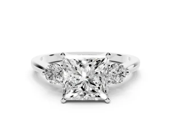 Three-Stone Princess Cut Solitaire Ring with Tapered Band and Four-Prong Setting Platinum