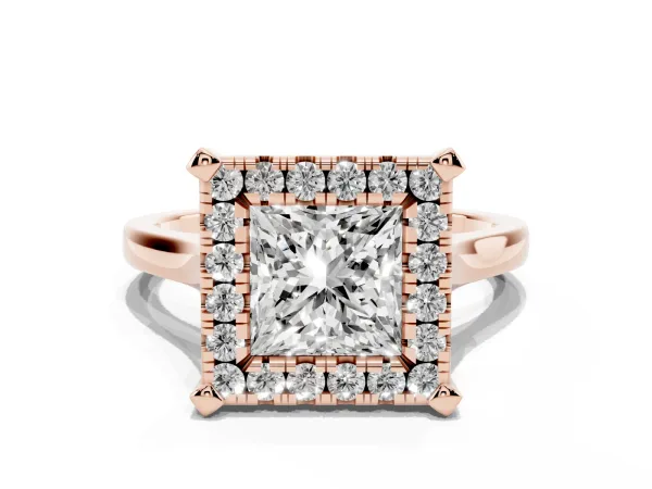Princess Cut Diamond Cluster Halo Solitaire with Four-Prong Setting Rose gold