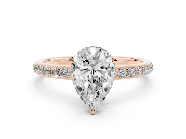 Pear Cut Diamond Solitaire Ring with Pavé Band and Hidden Halo Rose gold