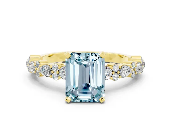 Emerald Cut Aquamarine Side Stone Solitaire Ring with Round and Four-Prong Setting Yellow gold