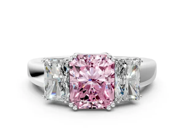Fancy Pink Three-Stone Radiant Cut Cut Diamond Ring with Channel Set Band and Four-Prong Setting Platinum