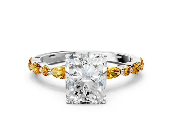 Radiant Cut Diamond Ring with Marquise and Round Citrine Side Stones and Four-Prong Setting Platinum