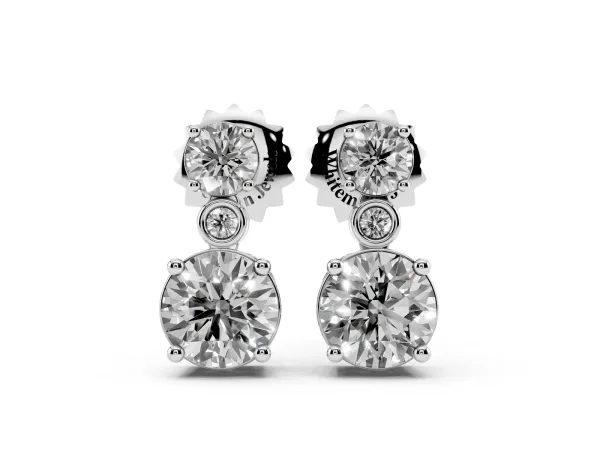 Round Diamond Two Stone Drop Earrings with Bezel Diamond Accent Platinum