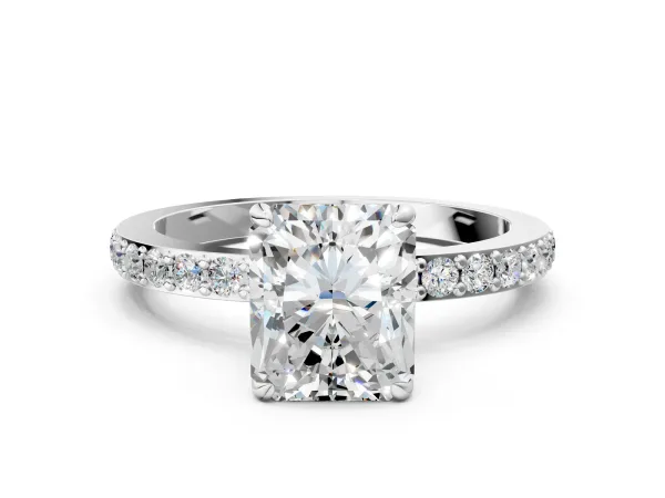 Radiant Cut Diamond Solitaire Engagement Ring with Pavé Band and Four-Prong Setting Platinum