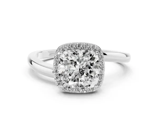 Cushion Cut Halo Solitaire Engagement Ring with Round Diamond and Four-Prong Setting Platinum