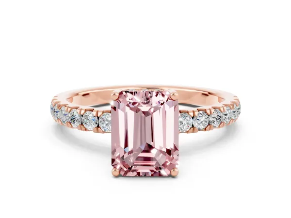 Emerald Cut Morganite Pave Band Solitaire Ring with Round and Prong Setting Rose gold