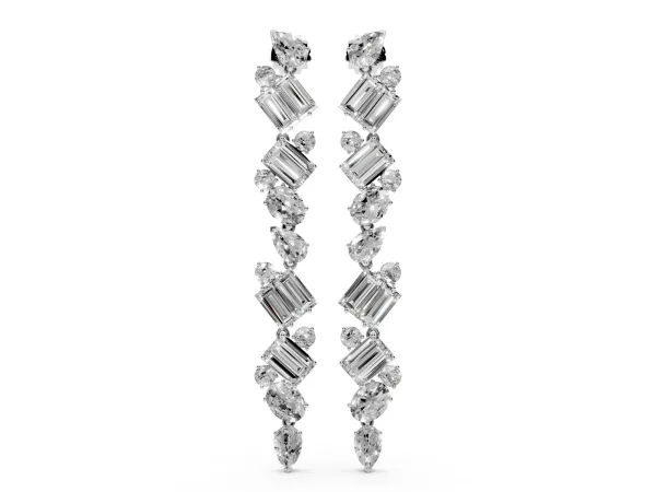 Pear, Emerald, and Round Diamond Linear Drop Earrings White gold