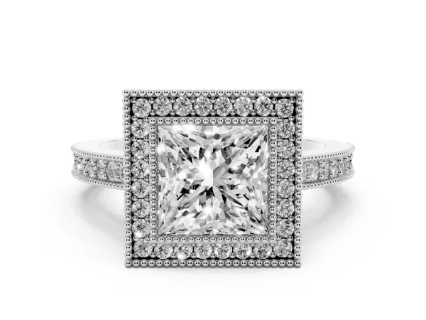 Princess Cut-Cut Halo Diamond Ring with Pavé Band and Milgrain Prong Setting Platinum
