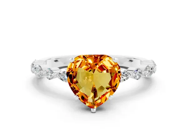 Heart Cut Citrine Ring with Marquise and Round Side Stones and Four-Prong Setting Platinum