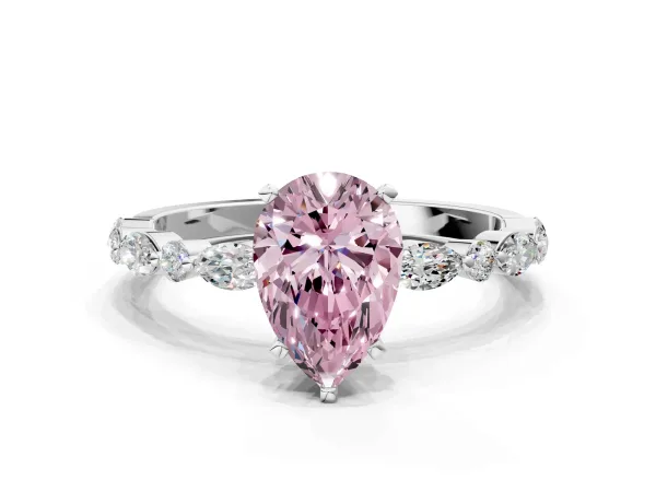 Fancy Pink Pear Cut Diamond Ring with Marquise and Round Side Stones and Four-Prong Setting White gold