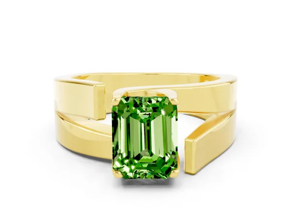 Modern Tension Set Emerald Cut Peridot Solitaire Wide Band Ring Yellow gold