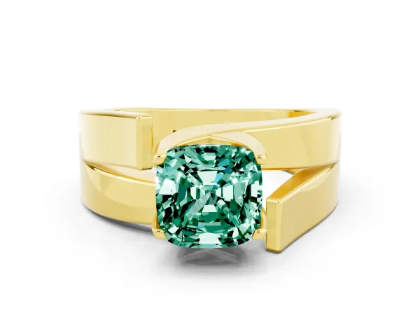 Modern Tension Set Cushion Cut Green Sapphire Solitaire Wide Band Ring Yellow gold