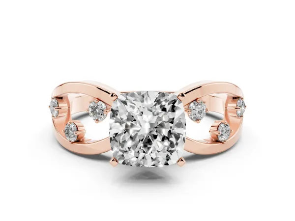 Cushion Cut Cut Solitaire Diamond with Side Stones on Criss-Cross Band and Four-Prong Setting Rose gold