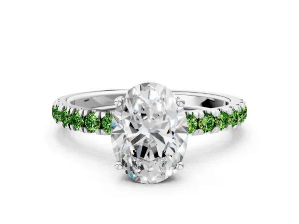 Oval Cut Diamond Pave Band Solitaire Ring with Round Peridot and Prong Setting White gold