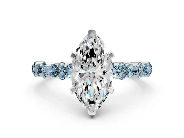 Marquise Cut Diamond Side Stone Solitaire Ring with Round Aquamarine and Four-Prong Setting White gold