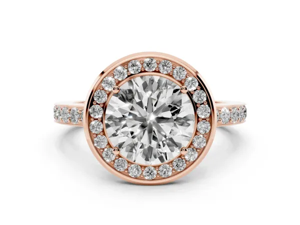 Round Cut Diamond Halo Ring with Bezel Frame and Pavé Band Rose gold