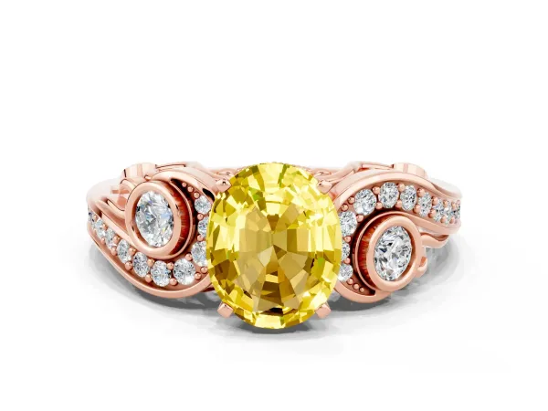 Oval Cut Yellow Sapphire Solitaire Ring with Milgrain Pavé Band and Four-Prong Setting Rose gold