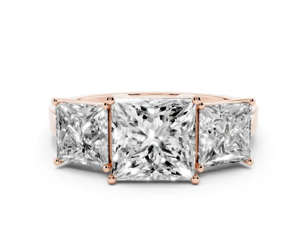 Three-Stone Princess Cut Cut Diamond Engagement Ring with Flat Band and Four-Prong Setting Rose gold