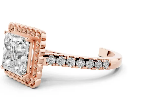 Princess Cut Cut Diamond Milgrain Floral Halo Engagement Ring with Pavé Band Rose gold