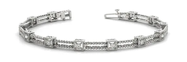 Princess Cut Diamond Box Link Tennis Bracelet with Milgrain Prong Setting White gold