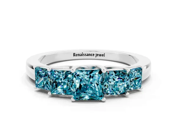 Princess Cut Five-Stone Blue Topaz Ring with Classic Prong Setting Platinum