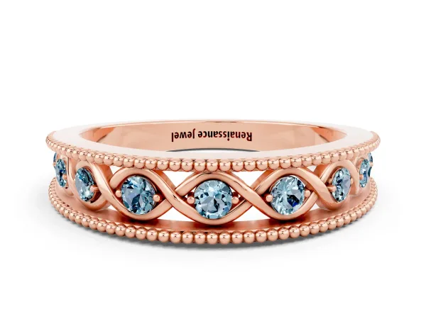 Round Aquamarine Twist Milgrain Band with Bezel Setting Rose gold