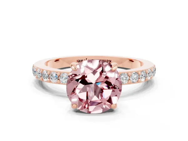 Round Cut Morganite Solitaire Engagement Ring with Pavé Band and Four-Prong Setting Rose gold