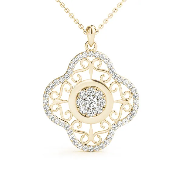 Round Cluster Diamond Pendant with Pavé and Scroll Prong Setting Yellow gold
