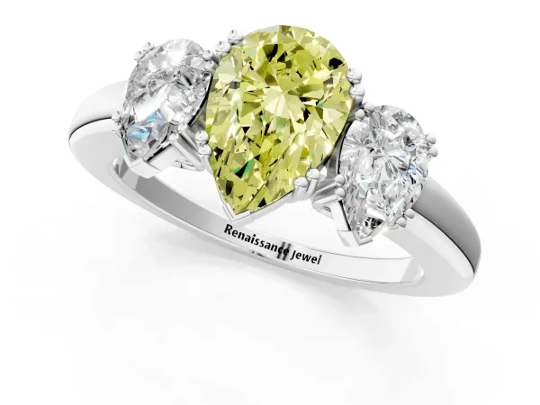 Fancy Yellow Three-Stone Pear Cut Cut Diamond Ring with Channel Set Band and Four-Prong Setting Platinum