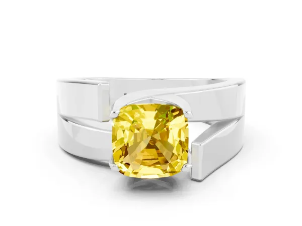 Modern Tension Set Cushion Cut Yellow Sapphire Solitaire Wide Band Ring Platinum