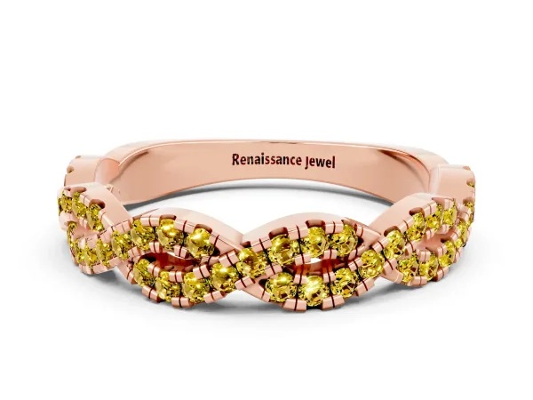 Round Yellow Sapphire Twisted Eternity Band with Pavé and Shared Prong Setting Rose gold